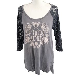 Free People Womens Size Medium Flying Wild Graphic Tunic Top 3/4 Lace Sleeves